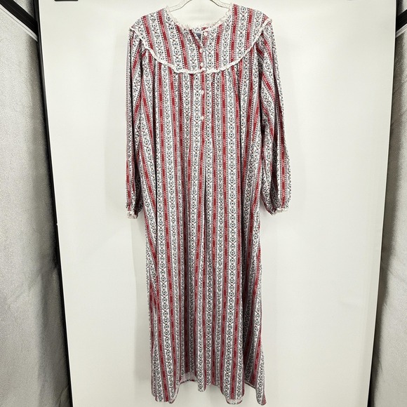 Lanz of Salzburg Nightgown Womens Large Red Floral Stripe Button Up Long Sleeve - Picture 1 of 8